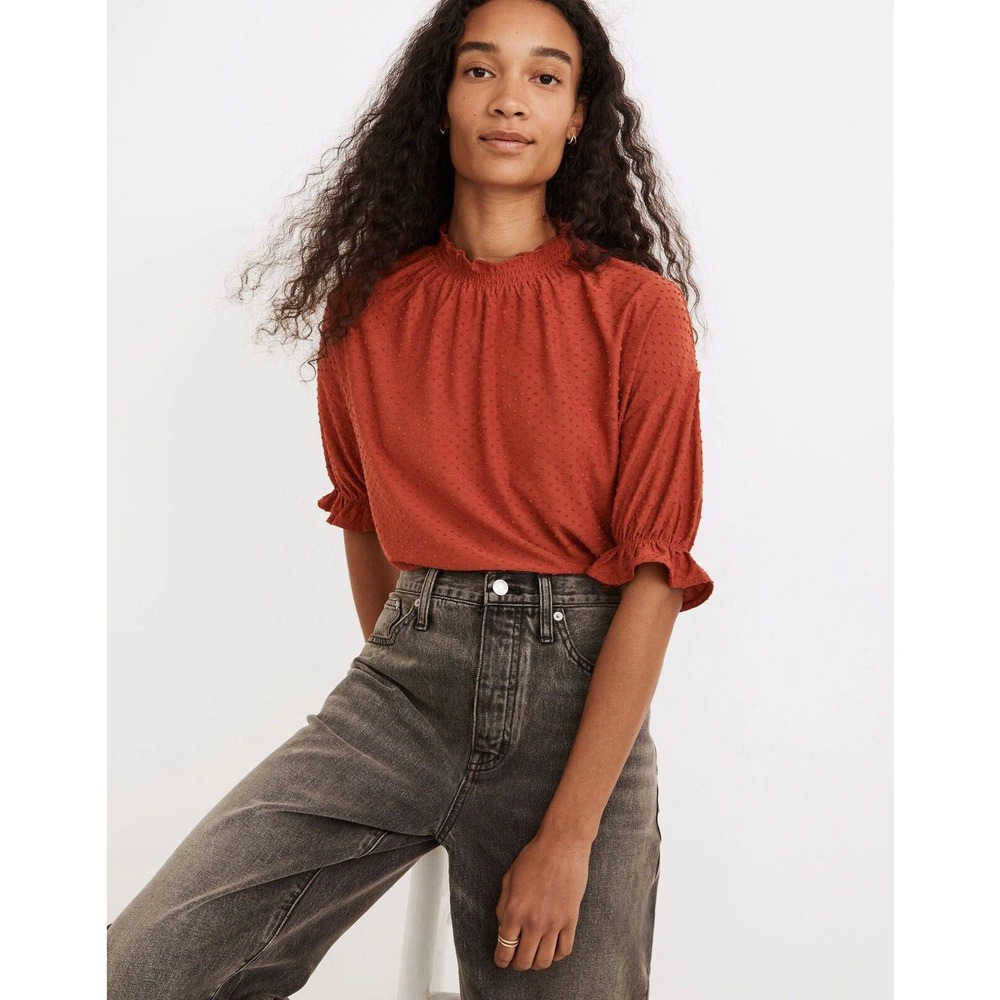 Madewell Size Medium Clipdot Ruffle Top Clay Brown - Picture 1 of 6